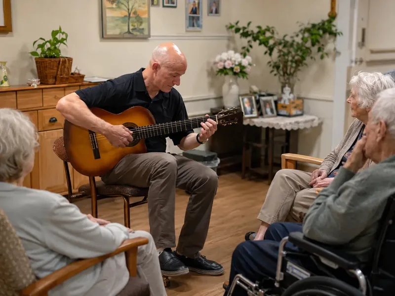 Harmony & Healing guitarist playing for seniors in a memory care day room